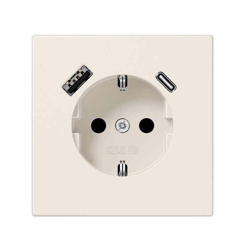 Enchufe Schuko con cargador USB tipo C y A Jung LS 990. Ref: LS1520-15CAWW