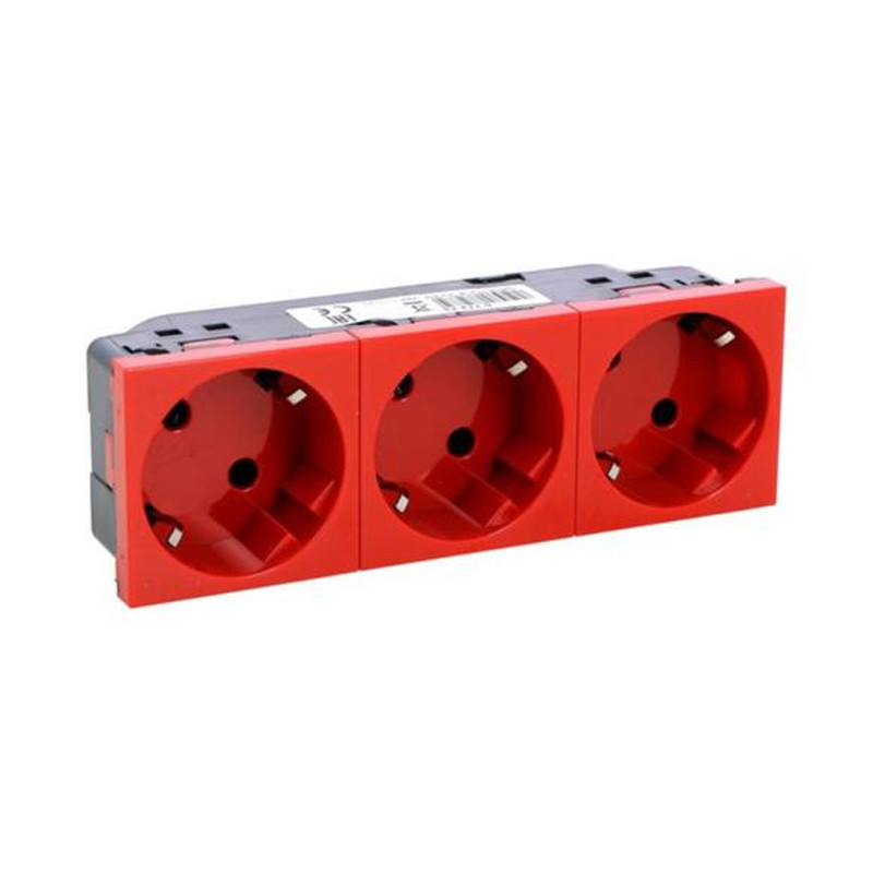 Base triple de enchufes schuko con embornamiento automático  rojo