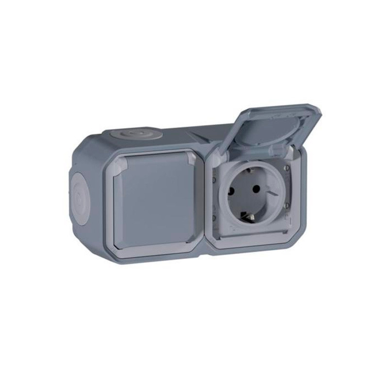 Base de corriente estanca monobloc de superficie horizontal 2x2P+T Legrand Plexo con una tapa puesta en gris